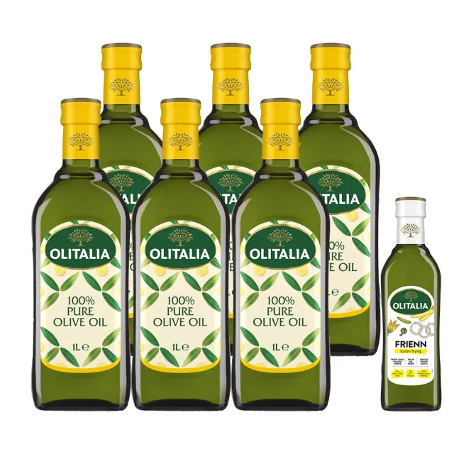 【Olitalia 奧利塔】純橄欖油禮盒組1000mlx6瓶(+贈高溫專用葵花油500mlx1瓶)