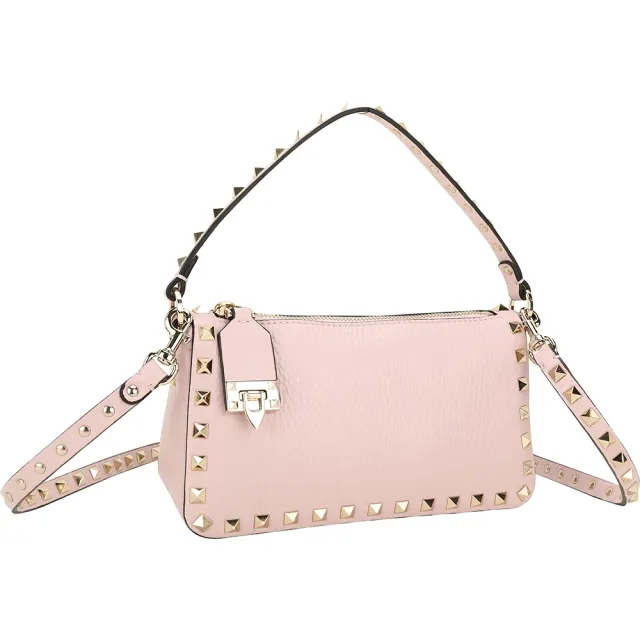 【VALENTINO 范倫鐵諾】Rockstud 小款 荔紋牛皮鉚釘肩斜背腋下包(粉色)