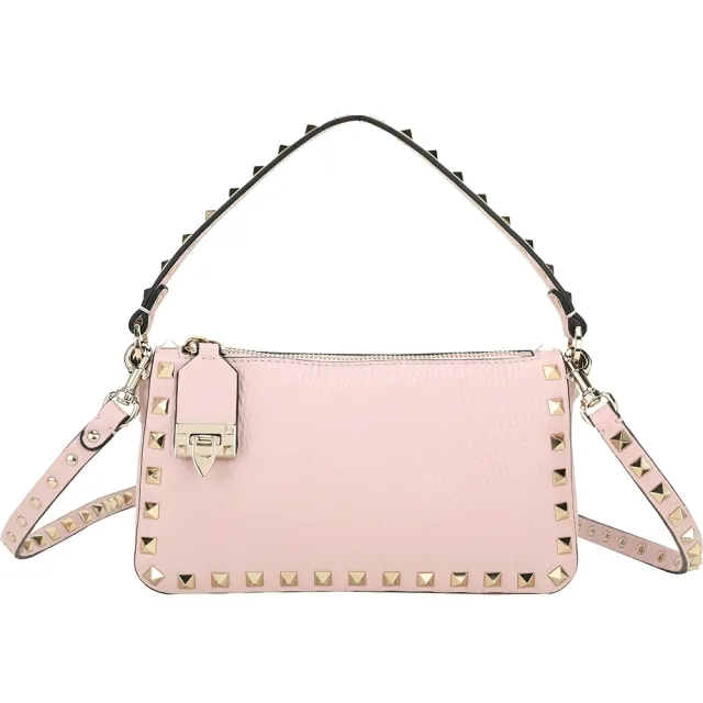 【VALENTINO 范倫鐵諾】Rockstud 小款 荔紋牛皮鉚釘肩斜背腋下包(粉色)