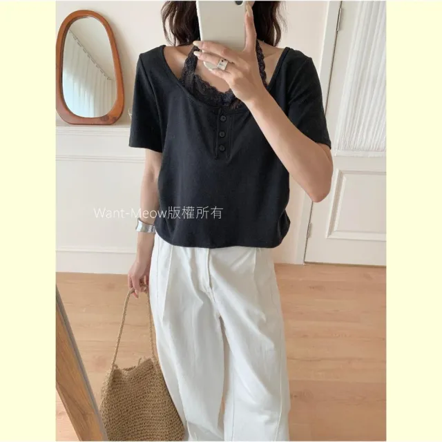 【Want-Meow】85公斤可穿/顯瘦假兩件繞頸蕾絲綁帶側抓皺短版大學T短袖T(大碼上衣/大碼/大尺碼/短袖上衣)