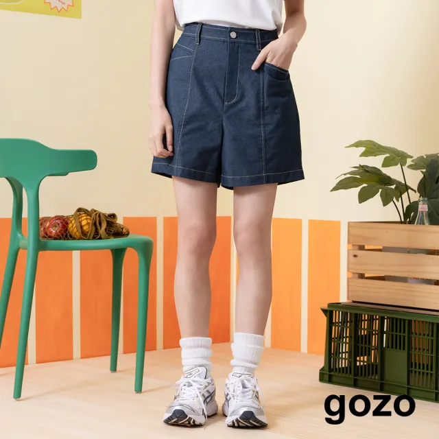 【gozo】仿牛仔後鬆緊A字短褲(深灰/深藍)