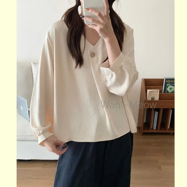 【Want-Meow】90公斤可穿/韓系氣質質感金扣V領襯衫上衣長袖T恤(大碼/大尺碼/加大碼/長袖上衣)