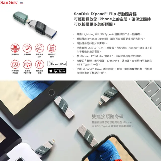 【SanDisk 晟碟】128GB [全新版]iXpand Flip 雙用隨身碟(原廠2年保固  iPhone / iPad 適用)