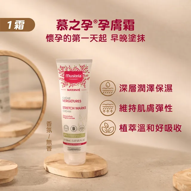 【Mustela 慕之恬廊】慕之孕 孕期產後全護組(孕膚霜150ml+孕膚油105ml+有機撫紋緊緻乳200ml+哺乳膏30ml)