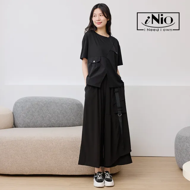 【iNio 衣著美學】層次拼接鬆緊腰寬褲裙 女寬褲裙 不對稱寬褲 鬆緊腰闊腳褲 造型口袋褲 CHW2084