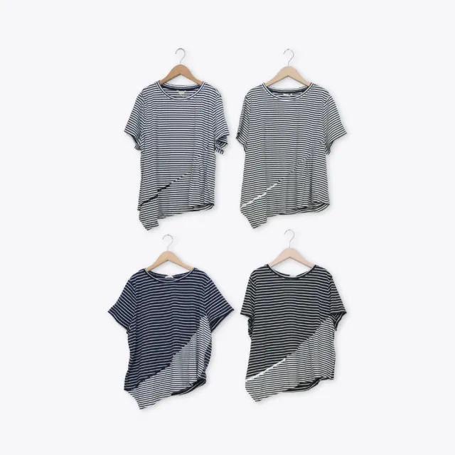 【MOSS CLUB】條紋拼色斜切下襬短T 藍 黑(魅力商品)
