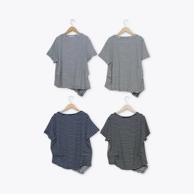 【MOSS CLUB】條紋拼色斜切下襬短T 藍 黑(魅力商品)
