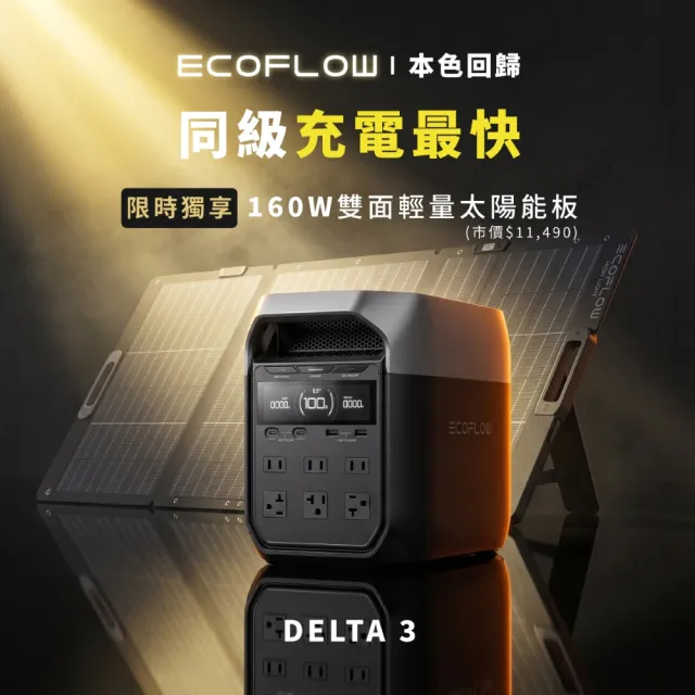 【ECOFLOW】DELTA 3 1800W戶外儲電設備 加贈收納包 +160W太陽能板(儲能電源 防颱必備 停電神器)