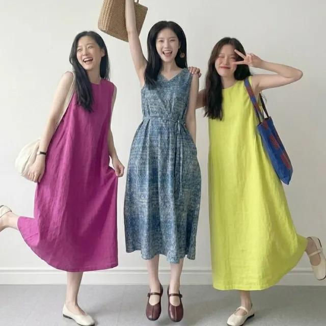 【米蘭精品】多款現貨限搶 洋裝無袖連身裙大尺碼女裝連衣裙(亞麻棉麻休閒長裙顯瘦魚尾女裙子多款74kf18)