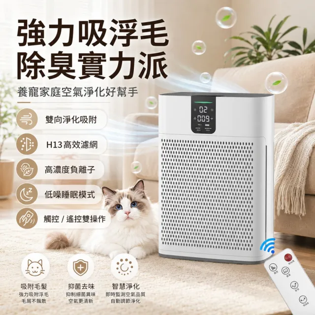 HOMI好米 負離子空氣淨化器 寵物家庭除毛除臭機 智慧數顯觸控 遠距遙控 高效濾網 室內空氣清新機