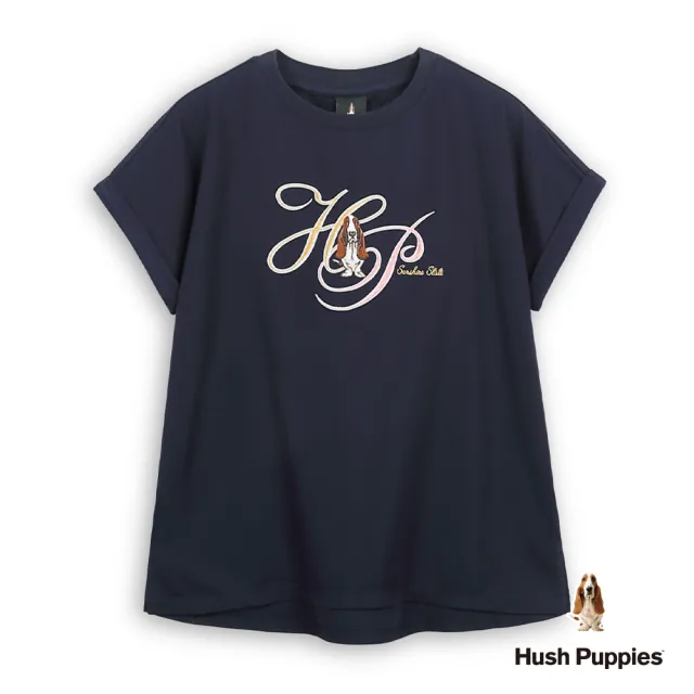 【Hush Puppies】女裝 上衣 草寫HP刺繡狗寬版上衣 (黑色 / 63210110)