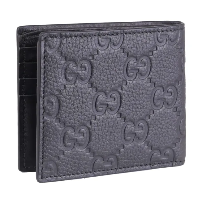 【GUCCI 古馳】GG LOGO 經典雙G荔枝壓紋對折雙層8卡短夾(黑)