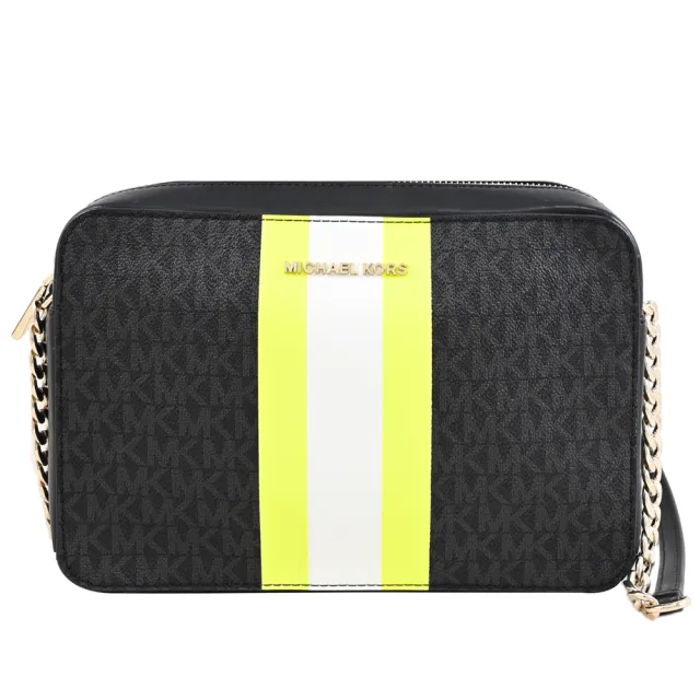 【Michael Kors】經典滿版MK LOGO條紋拼接方包斜背包(黑灰)