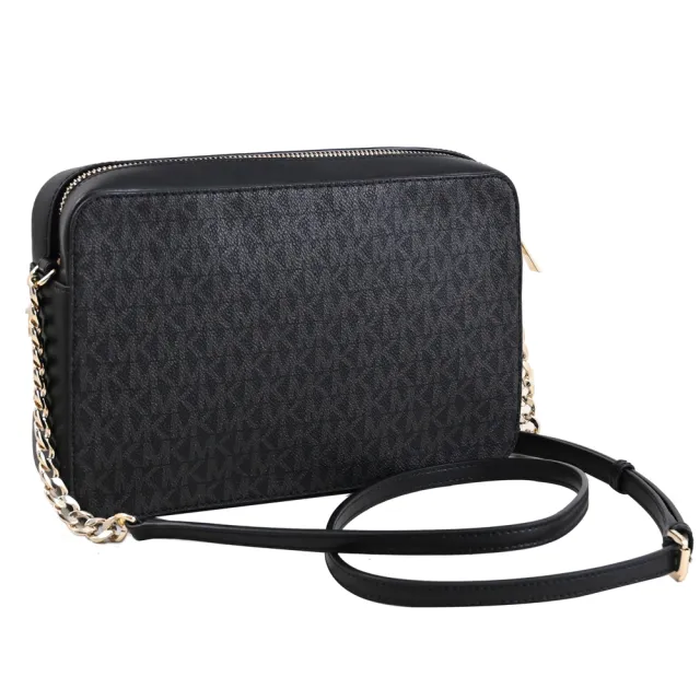 【Michael Kors】經典滿版MK LOGO條紋拼接方包斜背包(黑灰)