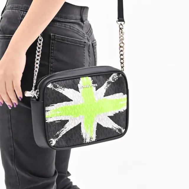 【Michael Kors】LONDON 經典滿版MK塗鴉鍊條方包斜背包(黑白)