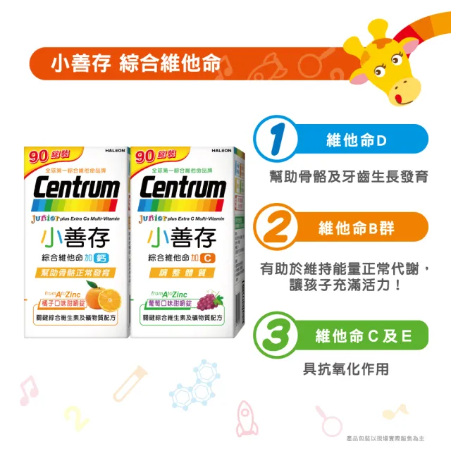 【CENTRUM 善存】小善存綜合維他命+C 葡萄口味甜嚼錠(90錠/盒-4-16歲兒童 關鍵綜合維生素與礦物質配方)