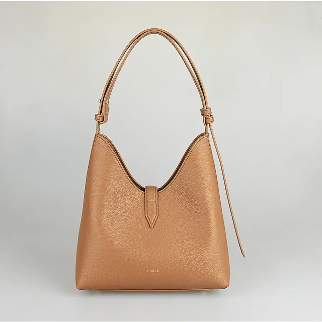 【FURLA 芙拉】FURLA Goccia燙金LOGO小牛皮圓柱扣開口式手提/斜背/肩背包(小/白蘭地棕)