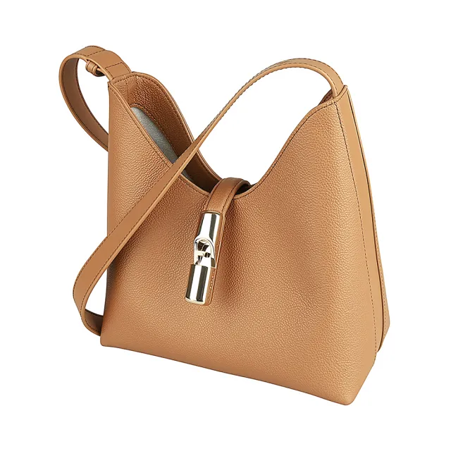 【FURLA 芙拉】FURLA Goccia燙金LOGO小牛皮圓柱扣開口式手提/斜背/肩背包(小/白蘭地棕)