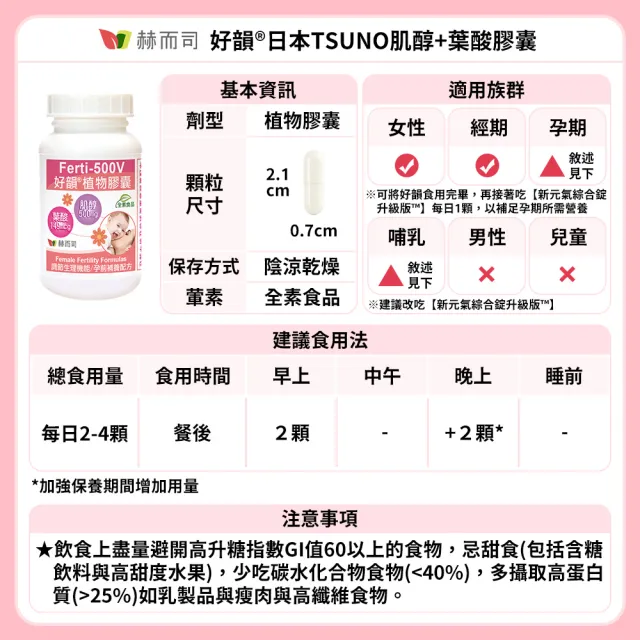 【赫而司】日本高純度肌醇葉酸2罐(共180顆女性備孕孕前補養好孕強化配方好韻全素食膠囊)