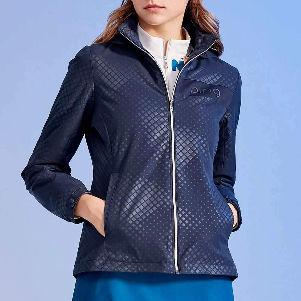 【PING】女款方格模印防風防潑水可拆帽鋪棉外套-深藍(GOLF/高爾夫/RC23225-58)