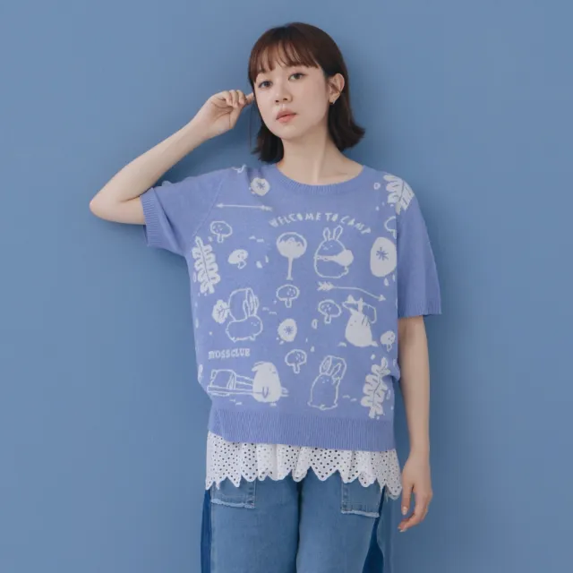 【MOSS CLUB】插畫風森系露營兔緹花圓領針織上衣 藍 杏 灰(魅力商品)