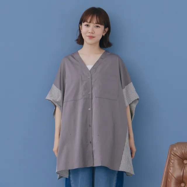 【MOSS CLUB】素面格紋拼接日系外罩襯衫 藍 灰