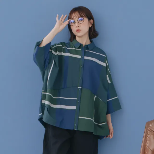 【MOSS CLUB】落肩打褶大格紋繭型襯衫 綠 桔