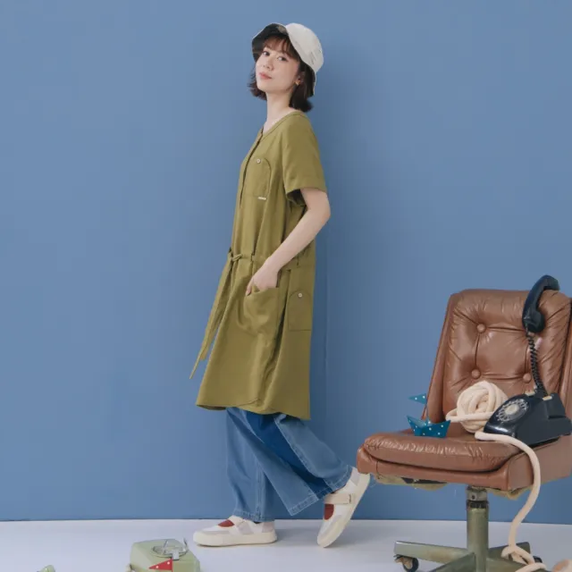 【MOSS CLUB】全開襟抽繩短袖圓領襯衫洋裝 黑 綠