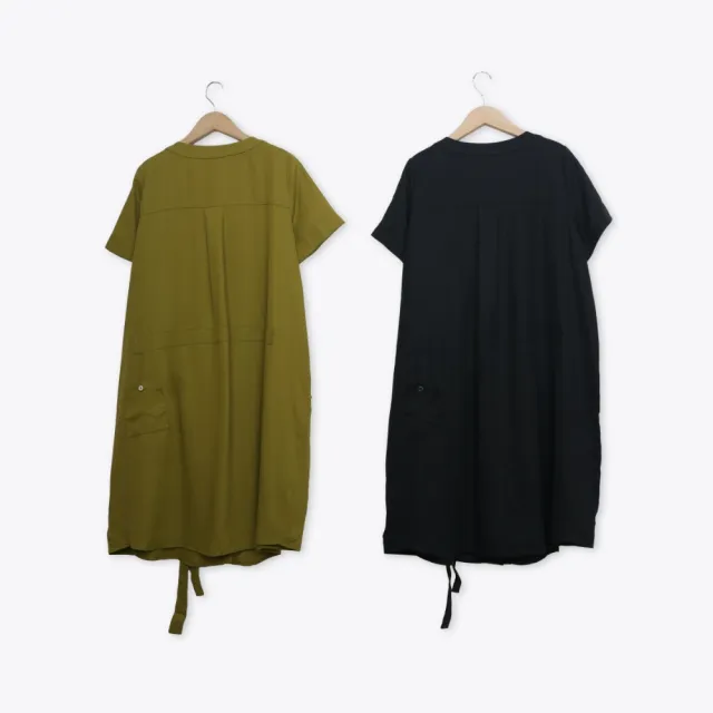【MOSS CLUB】全開襟抽繩短袖圓領襯衫洋裝 黑 綠