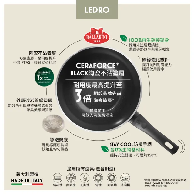 【Ballarini 班樂尼】義大利製LEDRO陶瓷不沾炒鍋28cm(德國雙人牌集團官方直營)