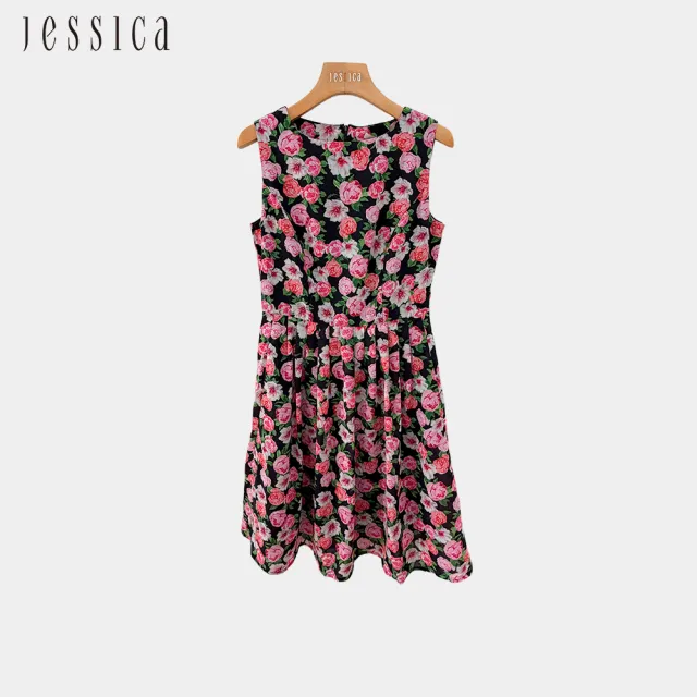 【JESSICA】優雅浪漫印花修身無袖洋裝G43702