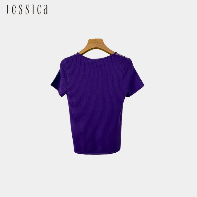 【JESSICA】簡約百搭透膚條紋設計短袖針織上衣（紫）G43502