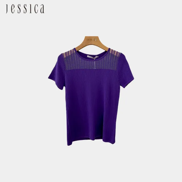 【JESSICA】簡約百搭透膚條紋設計短袖針織上衣(紫)G43502