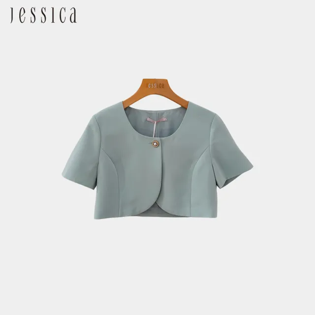 【JESSICA】簡約氣質素色圓領珍珠釦開襟短版短袖外套（薄荷綠）G43002