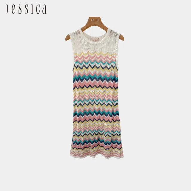 【JESSICA】亮眼繽紛彩色波浪紋針織亞麻混棉無袖洋裝243738