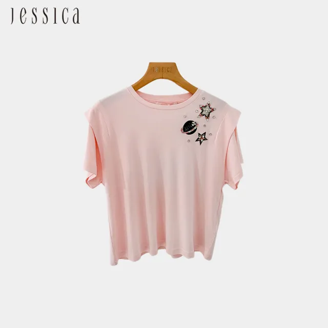 【JESSICA】百搭休閒圓領刺繡星球鑽飾棉質短袖T恤上衣（粉）243614