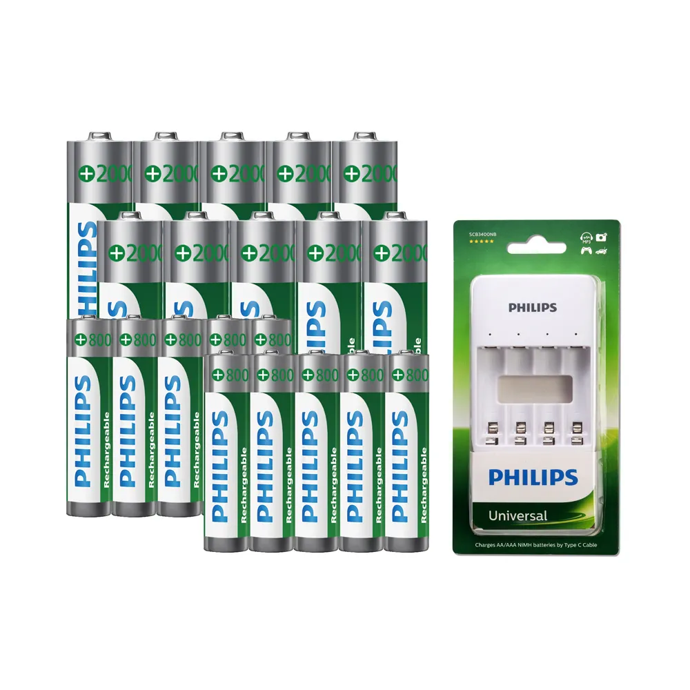 【Philips 飛利浦】低自放鎳氫充電電池3號10入+4號10入(贈USB 4槽智慧型充電器)