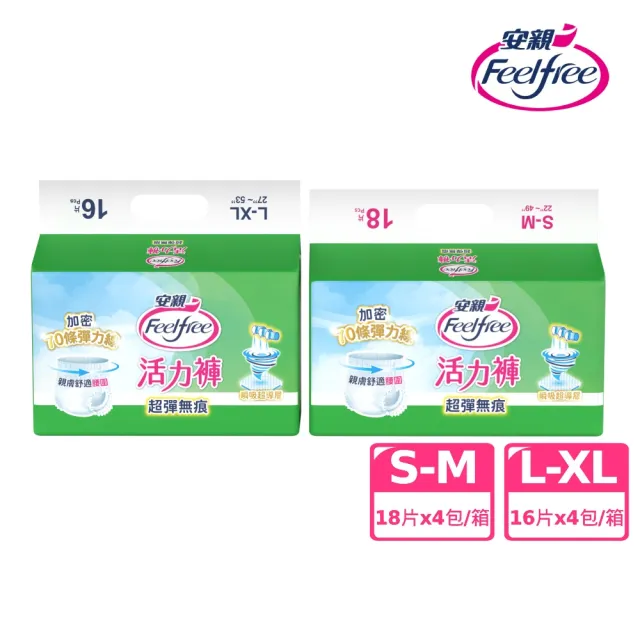 【安親】★momo獨家★超彈無痕活力褲 S-XL號 成人紙尿褲(S-M18片x4包/L-XL16片x4包 箱購)