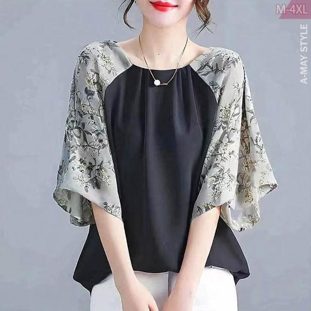 【Amay Style 艾美時尚】夏新品 中大尺碼女裝 T恤 日系氣質拼接感印花七分袖上衣。M-4XL(印花.預購)