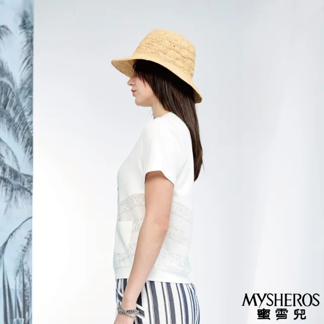 【MYSHEROS 蜜雪兒】休閒短袖造型上衣 斜紋蕾絲拼接 閃亮英字點綴(白)