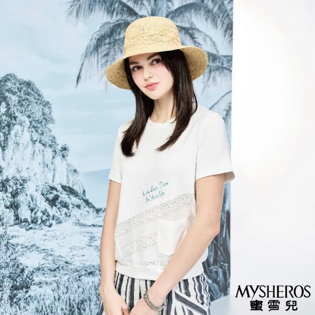 【MYSHEROS 蜜雪兒】休閒短袖造型上衣 斜紋蕾絲拼接 閃亮英字點綴(白)