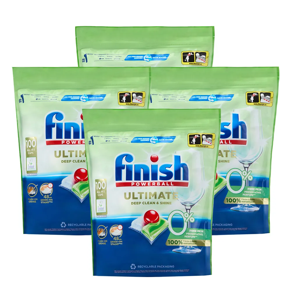 【finish 亮碟】finish零添加洗碗凝珠100入x4包(平輸/低泡沫高效能/秒去污漬)