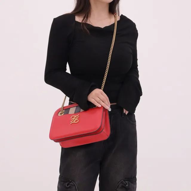 【FENDI 芬迪】Karligraphy 金屬字母FF LOGO肩斜三用鍊包晚宴包(紅)
