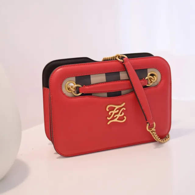 【FENDI 芬迪】Karligraphy 金屬字母FF LOGO肩斜三用鍊包晚宴包(紅)