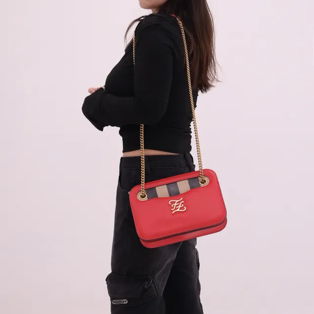 【FENDI 芬迪】Karligraphy 金屬字母FF LOGO肩斜三用鍊包晚宴包(紅)