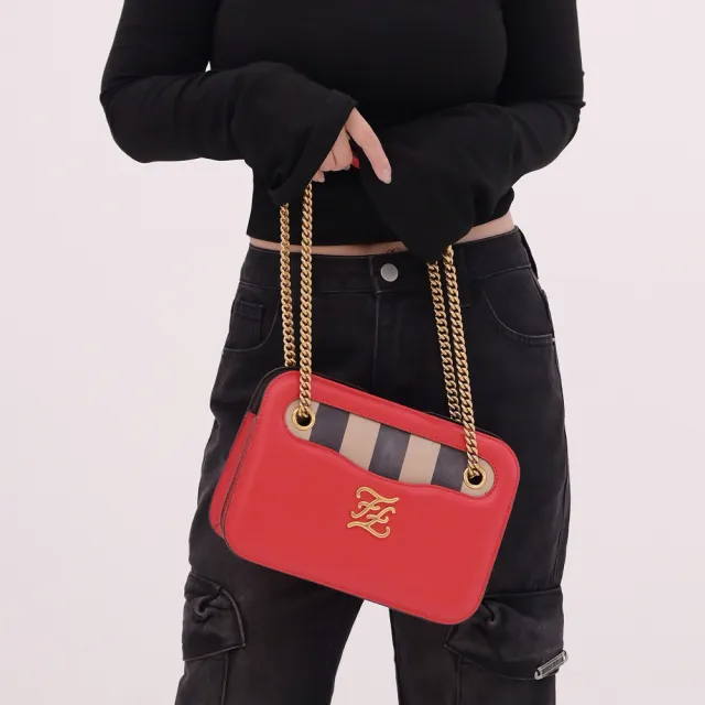 【FENDI 芬迪】Karligraphy 金屬字母FF LOGO肩斜三用鍊包晚宴包(紅)
