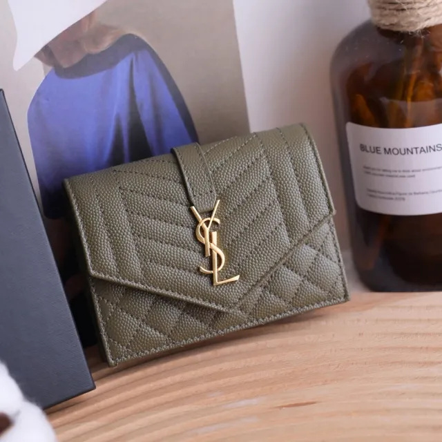 【YSL】金屬字母LOGO菱格縫線牛皮信用卡名片夾零錢包(橄欖綠)