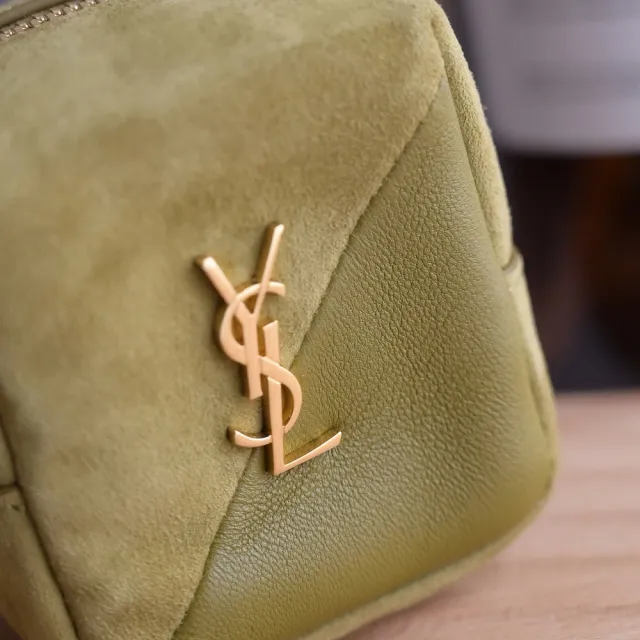 【YSL】金屬LOGO絨布皮革紋拼接鑰匙圈吊飾方包零錢包(草綠)