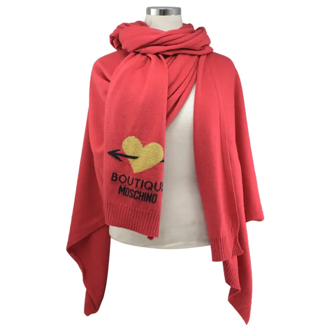 【MOSCHINO】品牌LOGO射心素雅羊毛混紡披肩長圍巾(紅)