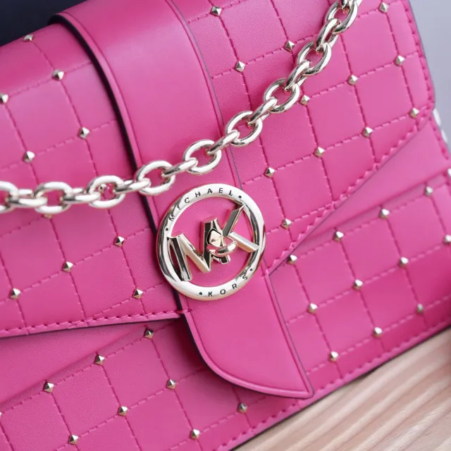 【Michael Kors】圓標金屬MK轉釦鉚釘拼接雙蓋肩斜三用鍊包淑女包(桃粉)
